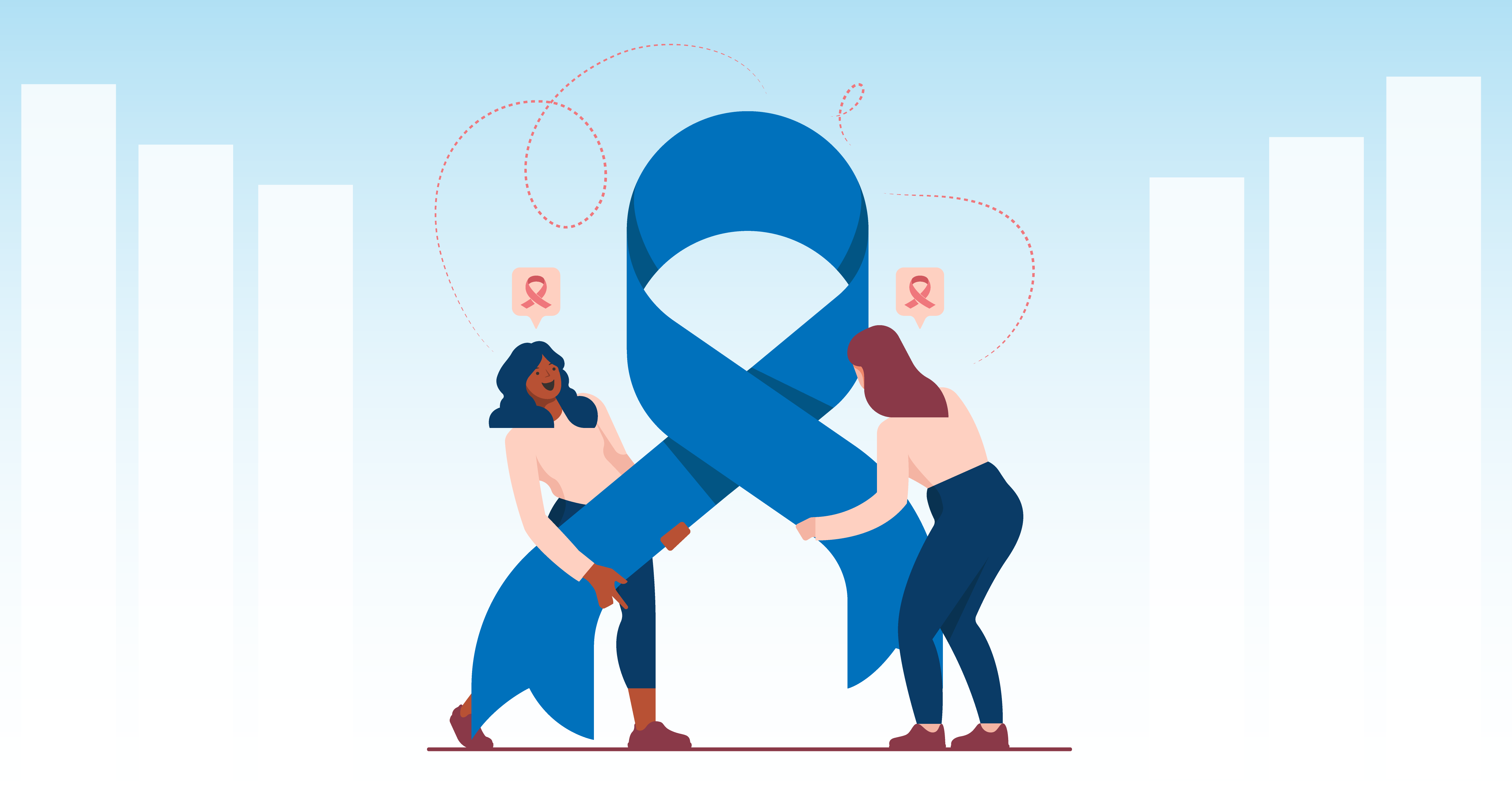 Two women holding a blue cancer ribbon between them