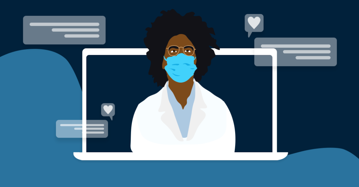 Doctor wearing mask and lab coat on laptop, representing telemedicine